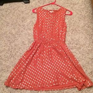 Coral dress with gold polka dots